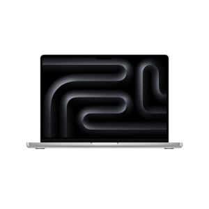 Front view of the 14-inch MacBook Pro in silver with display on, showing a dark abstract wallpaper.