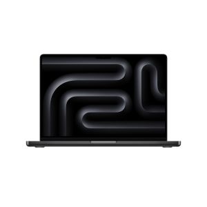 Front view of the 14-inch MacBook Pro in silver with display on, showing a dark abstract wallpaper.