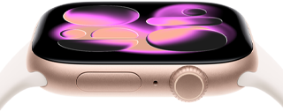 Apple Watch Series 11, aluminium rose gold case, Responsive Art watch face, right side exterior: Digital Crown, microphone, side button, light blush Sport Band
