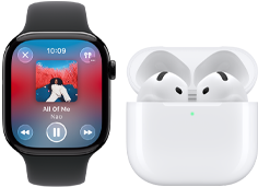 Apple Watch Series 11, titanium slate case, band: black sport band, Apple Music app open, paired with AirPods 4