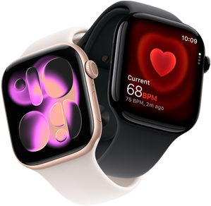 Apple Watch Series 11, aluminium rose gold, Responsive Art watch face, right side exterior: Digital Crown, microphone, side button, light blush Sport Band, Apple Watch Series 11, aluminium jet black, Heart Rate app, current beats per minute, right side exterior: Digital Crown, black Sport Band