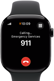 Apple Watch Series 11, aluminium jet black case, emergency call to 999 on screen, right side exterior: Digital Crown, black Sport Band