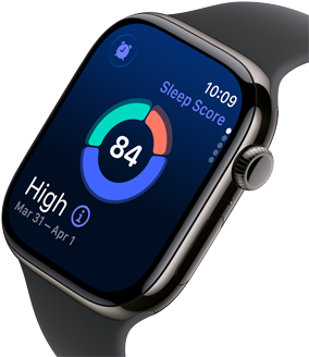Up close Apple Watch Series 11 with a titanium slate case, showing sleep score on screen