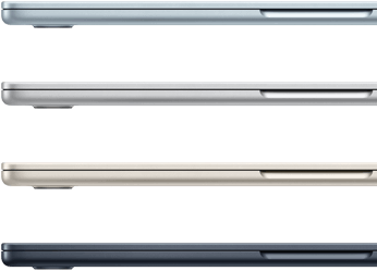 Side exteriors of four MacBook Air laptops, showcasing four different finishes
