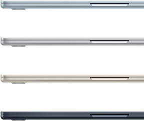 Side exteriors of four MacBook Air laptops, showcasing four different finishes