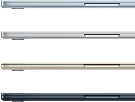 Side exteriors of four MacBook Air laptops, showcasing four different finishes