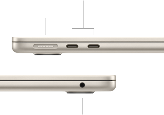 MacBook Air, closed, left side, showing MagSafe and two Thunderbolt ports, right side, showing headphone jack