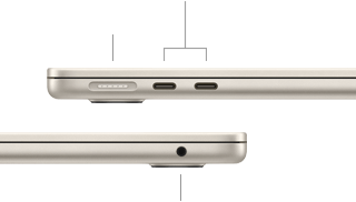 MacBook Air, closed, left side, showing MagSafe and two Thunderbolt ports, right side, showing headphone jack