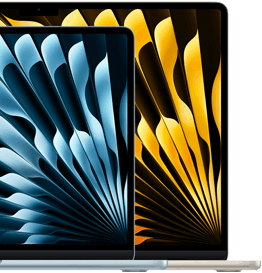Two MacBook Air laptops demonstrating relative sizes of displays: 13.6 inches and 15.3 inches, measured diagonally