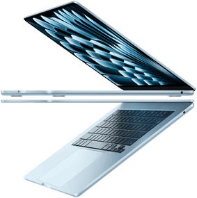 Two open MacBook Air laptops in sky blue colour forming arrow shape, emphasising narrow profile