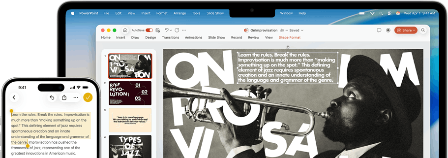 iPhone 16 Plus with text highlighted in the Notes app, MacBook Air with a Keynote slide open, text from Notes app is visible on the slide