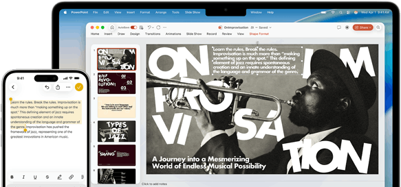 iPhone 16 Plus with text highlighted in the Notes app, MacBook Air with a Keynote slide open, text from Notes app is visible on the slide