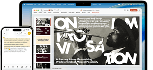 iPhone 16 Plus with text highlighted in the Notes app, MacBook Air with a Keynote slide open, text from Notes app is visible on the slide