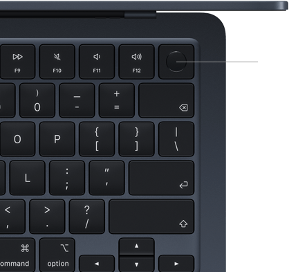 MacBook Air keyboard, top right, demonstrating the location of the Touch ID button