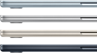 Side exteriors of four MacBook Air laptops, showcasing four different finishes