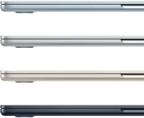 Side exteriors of four MacBook Air laptops, showcasing four different finishes