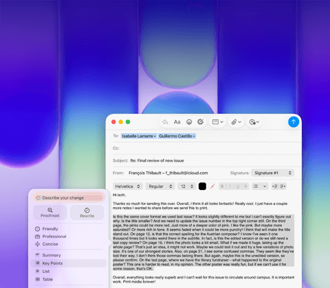 MacBook Neo screen, using Apple Intelligence Writing Tools in Mail to revise a long paragraph in an email containing feedback on a publication