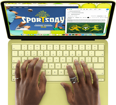 MacBook Neo, citrus colour, hands on keyboard, user is composing an email invitation to the opening of a sport event, website for the event open alongside