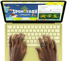 MacBook Neo, citrus colour, hands on keyboard, user is composing an email invitation to the opening of a sport event, website for the event open alongside