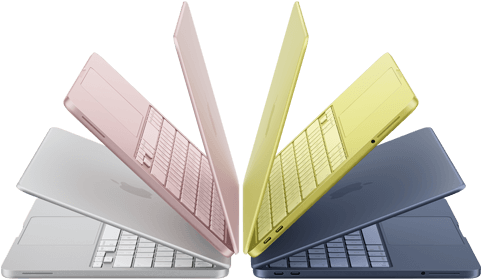 MacBook Neo laptops in silver, blush, citrus and indigo colours, slightly open and arranged in an arch formation
