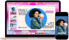 MacBook Neo, blush colour, next to iPhone, MacBook Neo screen shows presentation titled Finals Week Pet Therapy with photo of a person holding a rabbit, iPhone screen shows same photo, which has been turned into a sticker to use in presentation