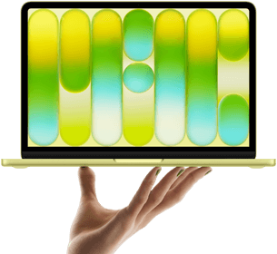 MacBook Neo in citrus colour, balanced on fingertips of open hand, screen displaying colourful abstract pattern