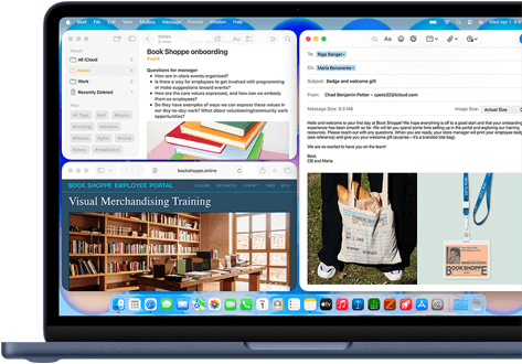 MacBook Neo, indigo colour, screen shows composing a welcome email to new employee of bookstore, other tiled windows contain Notes doc about onboarding and bookstore's employee portal website in Safari