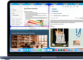 MacBook Neo, indigo colour, screen shows composing a welcome email to new employee of bookstore, other tiled windows contain Notes doc about onboarding and bookstore's employee portal website in Safari