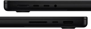 Showing the ports on MacBook Pro — left side: MagSafe 3, two Thunderbolt ports and headphone jack — right side: SDXC card slot, one Thunderbolt port and HDMI