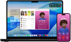 14-inch MacBook Pro and iPhone 16 — the iPhone is calling a contact named Luis while the MacBook Pro shows the same call in the Phone app