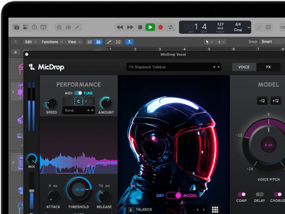 Screen content demonstrating MicDrop software using AI features to edit a vocal recording on a MacBook Pro