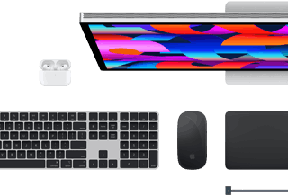 Mac accessories: AirPods, Studio Display, Magic Keyboard, Magic Mouse, Magic Trackpad, MagSafe charge cable in Space Black