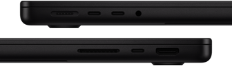 Showing the ports on MacBook Pro — left side: MagSafe 3, two Thunderbolt ports and headphone jack — right side: SDXC card slot, one Thunderbolt port and HDMI