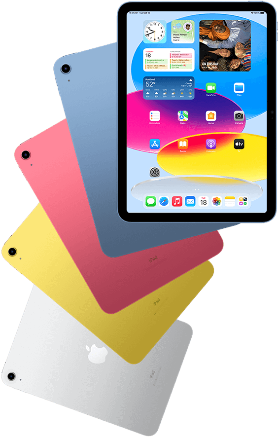 Front view iPad shows home screen with blue, pink, yellow, and silver rear facing iPads behind it.