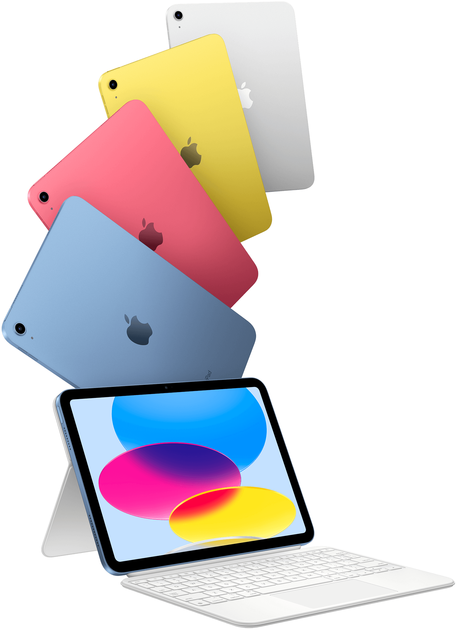 iPad in blue, pink, yellow, and silver colours and one iPad attached to the Magic Keyboard Folio.