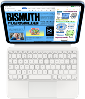 iPad attached to Magic Keyboard Folio, screen is showing Slide Over with Pages and Notes app.