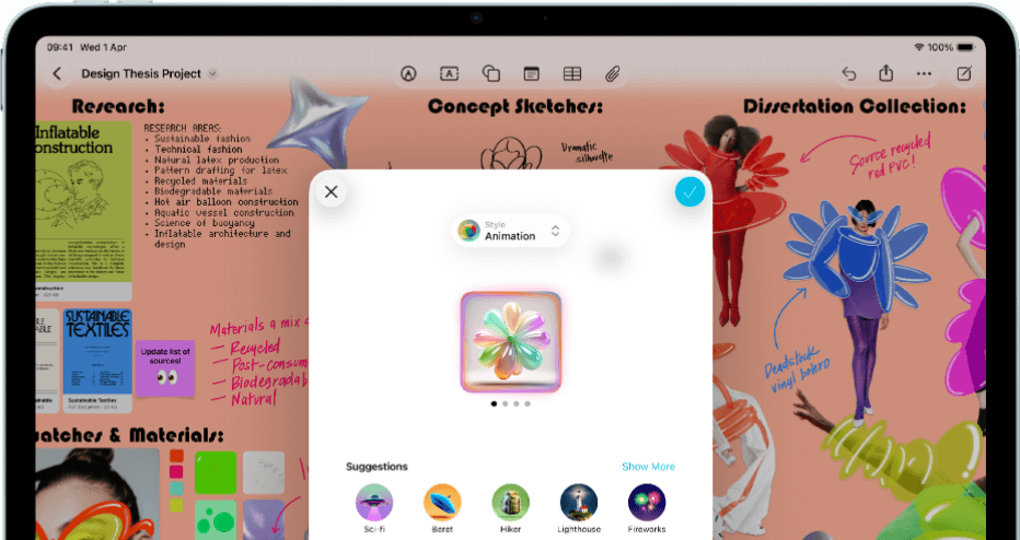 iPad Air, front exterior, landscape orientation, volume-up button, volume-down button, power button, screen displays a colourful app interface with various icons
