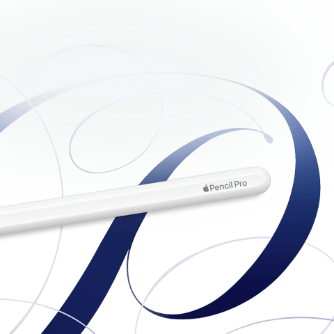 Apple Pencil Pro, white, shown on a white background with blue swirls