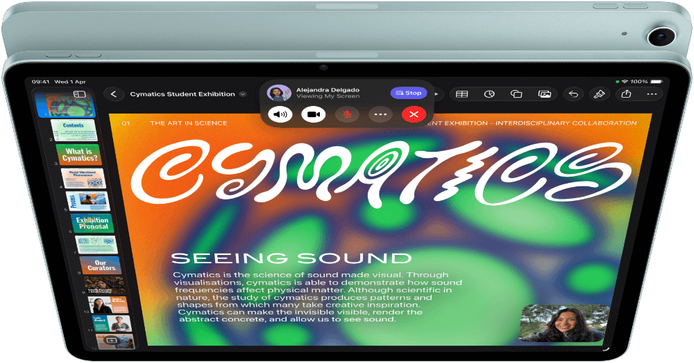 iPad Air, Blue colour, top exterior, screen showing Keynote app on screen sharing feature during FaceTime video call, back exterior, 12MP Wide back camera, volume-up button, volume-down button