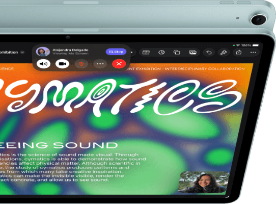 iPad Air, Blue colour, top exterior, screen showing Keynote app on screen sharing feature during FaceTime video call, back exterior, 12MP Wide back camera, volume-up button, volume-down button
