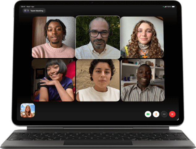 iPad Air, attached to Magic Keyboard, Black colour, Group FaceTime call on screen