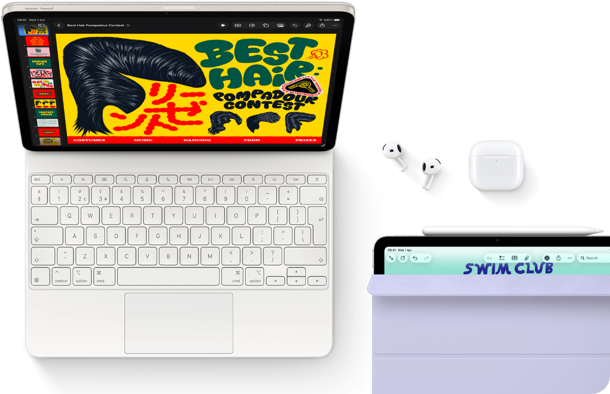 iPad Air, Starlight colour, colourful graphics on screen, attached to Magic Keyboard, Airpods Pro and Apple Pencil Pro accessories