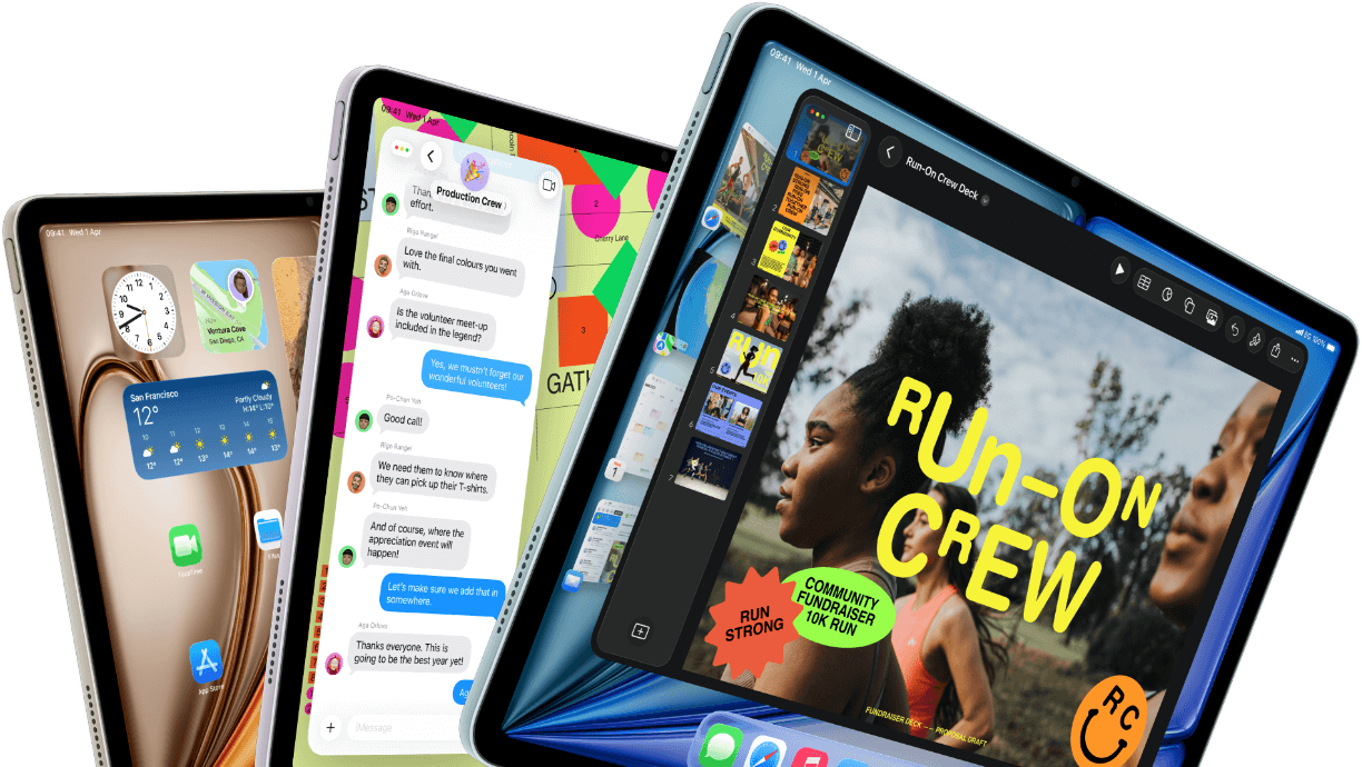 Three iPad Air displays in fan-like arrangement, colours: Blue, Purple, Starlight, front exterior, side exterior, apps on screen display include Keynote app, Messages and Home Screen