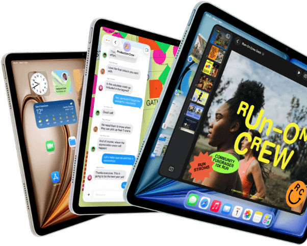 Three iPad Air displays in fan-like arrangement, colours: Blue, Purple, Starlight, front exterior, side exterior, apps on screen display include Keynote app, Messages and Home Screen