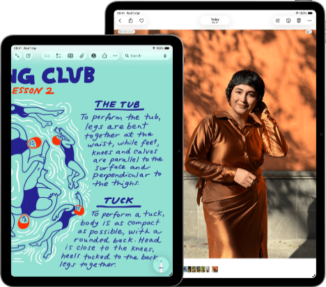 Two iPad Air, sizes: 11-inch and 13-inch, 11-inch shows colourful text on the Notes app, 13-inch screen shows a photo of a person on the Photos app