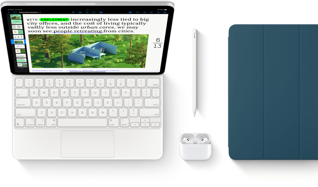 Smart Keyboard Folio, Apple Pencil, AirPods Pro, and iPad Cover in Marine Blue