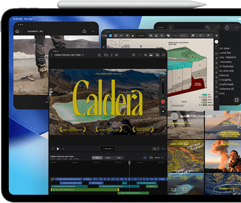 iPad Pro, front exterior, landscape orientation, space black colour, Apple Pencil resting atop device, display showing multiple app windows tiled, including Final Cut Pro with multiple video editing features and timeline, Maps, Notes and various media clips