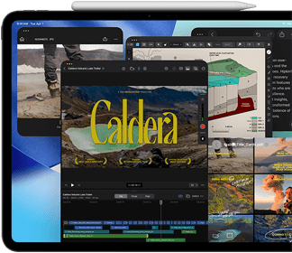 iPad Pro, front exterior, landscape orientation, space black colour, Apple Pencil resting atop device, display showing multiple app windows tiled, including Final Cut Pro with multiple video editing features and timeline, Maps, Notes and various media clips