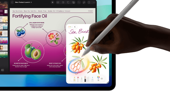 iPad Pro, front exterior display with dark blue and green gradient background with multiple apps open, hand holding Apple Pencil Pro circling a sketch showing Apple Intelligence Image Wand feature