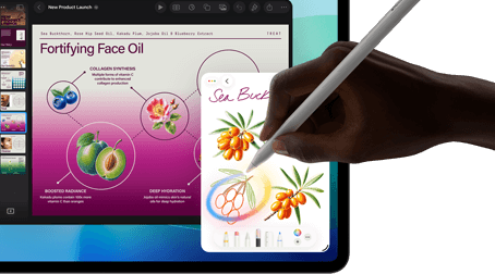 iPad Pro, front exterior display with dark blue and green gradient background with multiple apps open, hand holding Apple Pencil Pro circling a sketch showing Apple Intelligence Image Wand feature